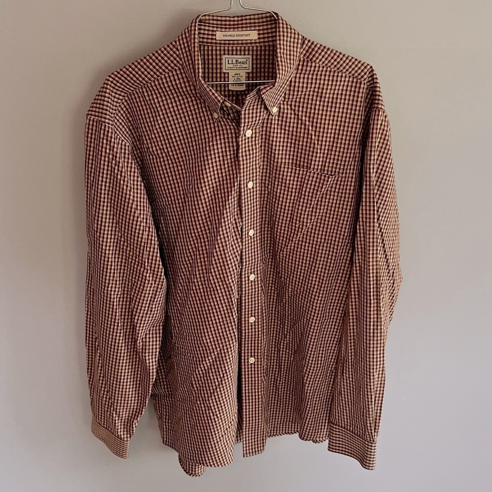 L. L. Bean Men's Button Down Plaid Shirt Brown and White Wrinkle Resistant L-reg